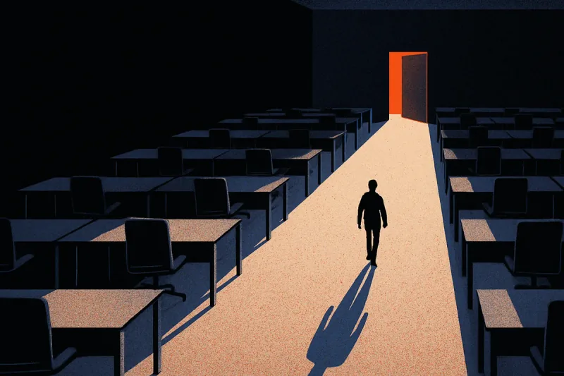 A lone silhouetted figure walks between rows of empty office desks toward a single glowing orange doorway at the far end of a dark open-plan floor.