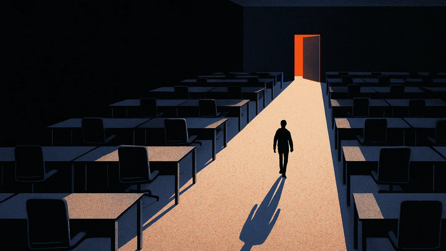 A lone silhouetted figure walks between rows of empty office desks toward a single glowing orange doorway at the far end of a dark open-plan floor.