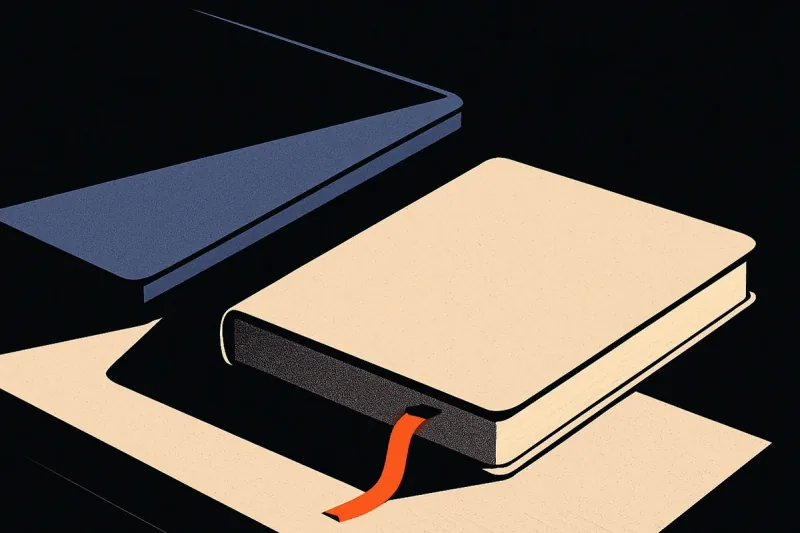 A single desk at night with a closed laptop and a notebook, one glowing orange page-marker ribbon standing out in the dark.