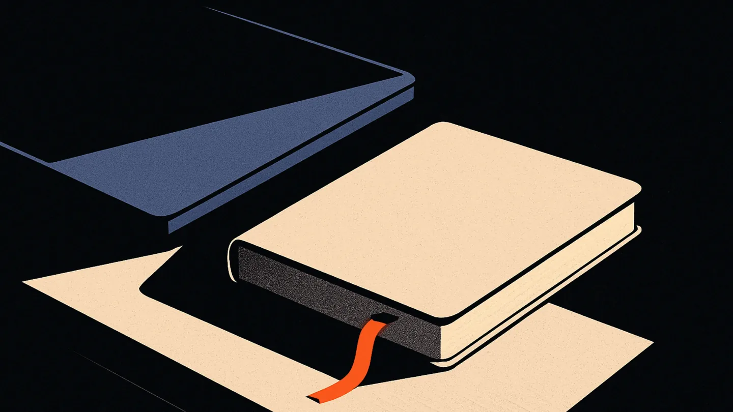 A single desk at night with a closed laptop and a notebook, one glowing orange page-marker ribbon standing out in the dark.