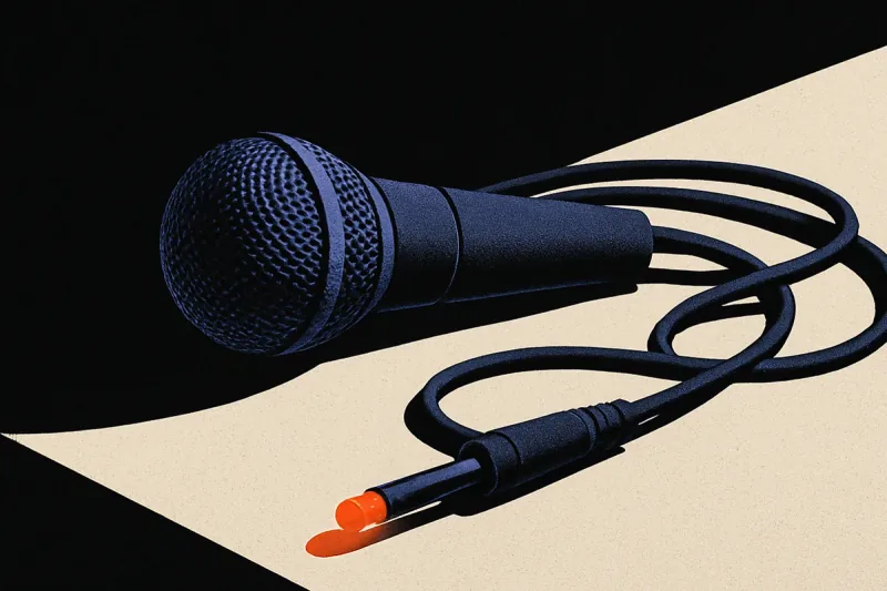 An unplugged desk microphone lying on a dark surface with its cable coiled beside it, the cable tip glowing orange.