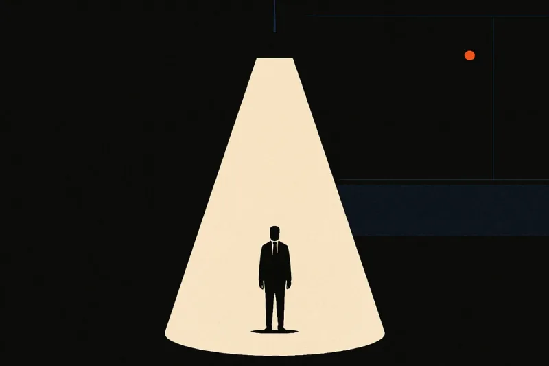 A tiny silhouetted rep stands in a huge dark room beneath a single harsh cone of light, watched by a distant wall of glass.
