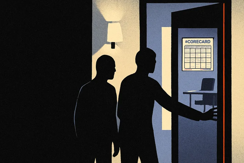 Two silhouettes in a corridor, one pulling a heavy door closed on a distant scorecard review room, one ember line glowing along the door's edge.
