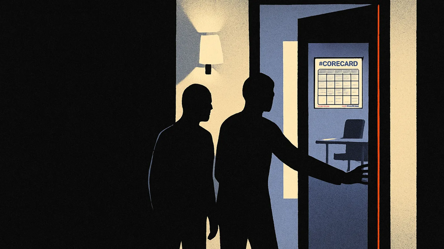 Two silhouettes in a corridor, one pulling a heavy door closed on a distant scorecard review room, one ember line glowing along the door's edge.
