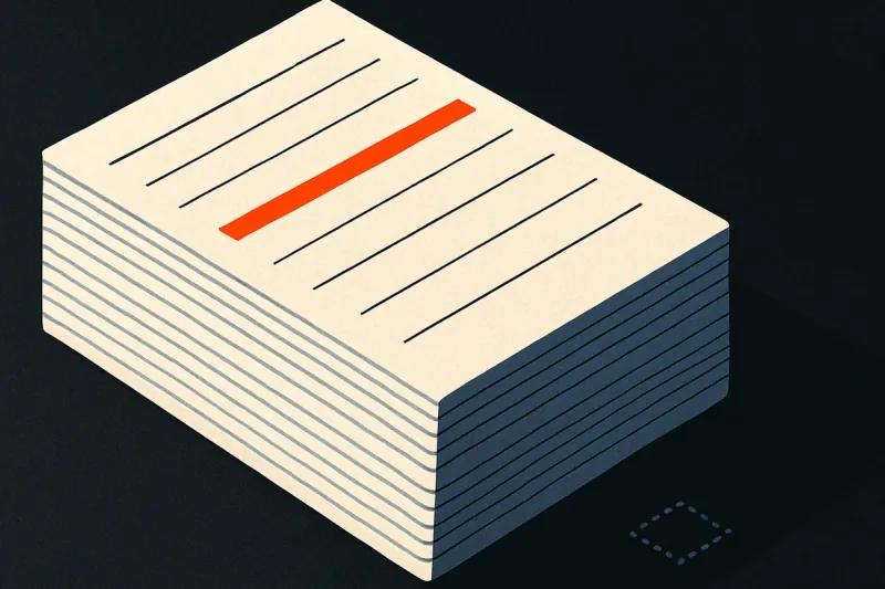 A stack of paper scorecards on a dark desk, the top one carrying a single struck-through orange line.