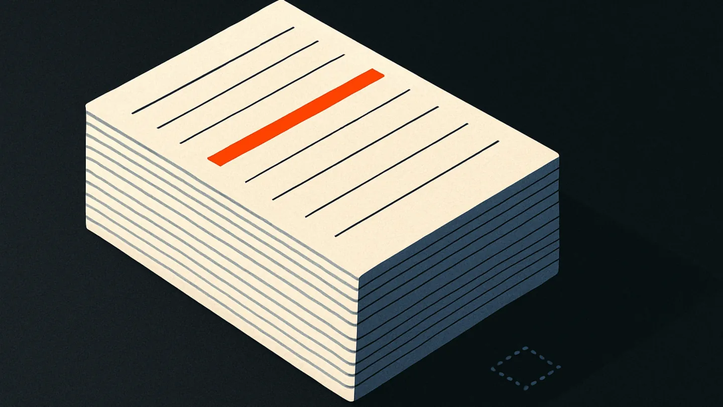 A stack of paper scorecards on a dark desk, the top one carrying a single struck-through orange line.