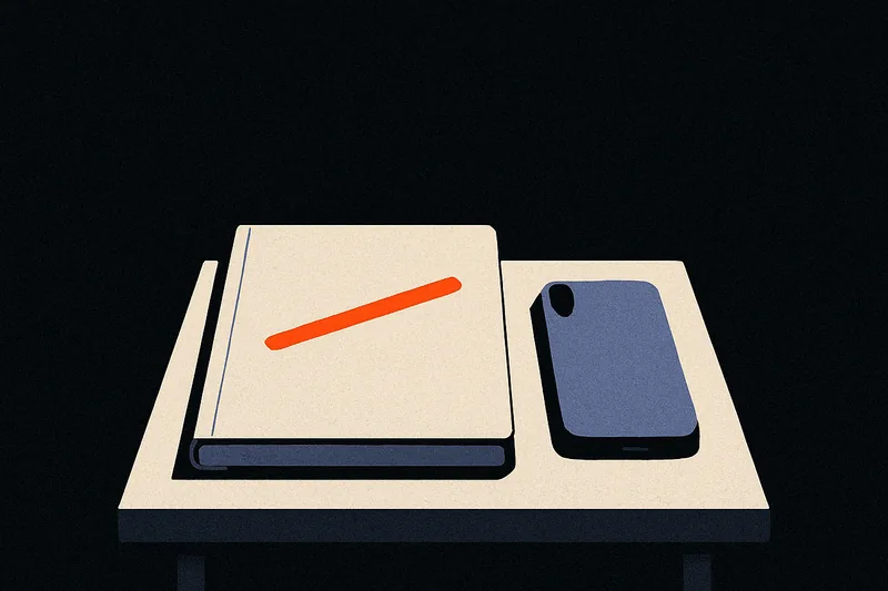 A closed notebook and a phone face-down under a single pool of light, one ember line crossed across the notebook's cover.