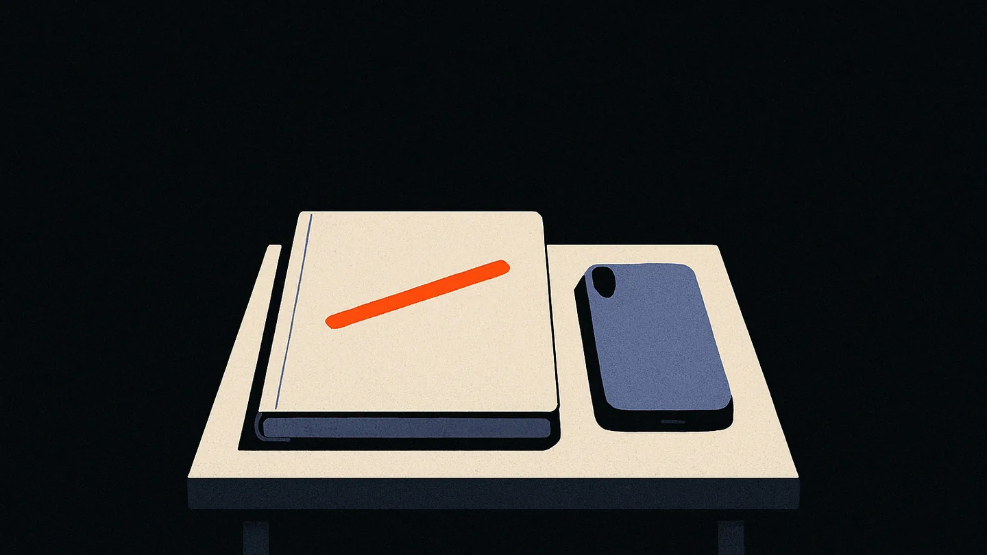 A closed notebook and a phone face-down under a single pool of light, one ember line crossed across the notebook's cover.