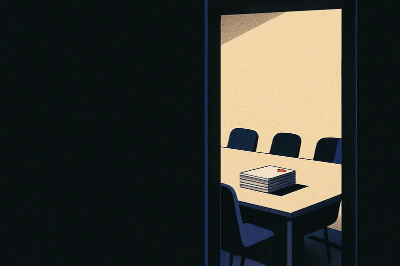 A lit conference room seen through a half-open doorway from a dark corridor, a stack of printouts marked with an ember-orange tab on the table.