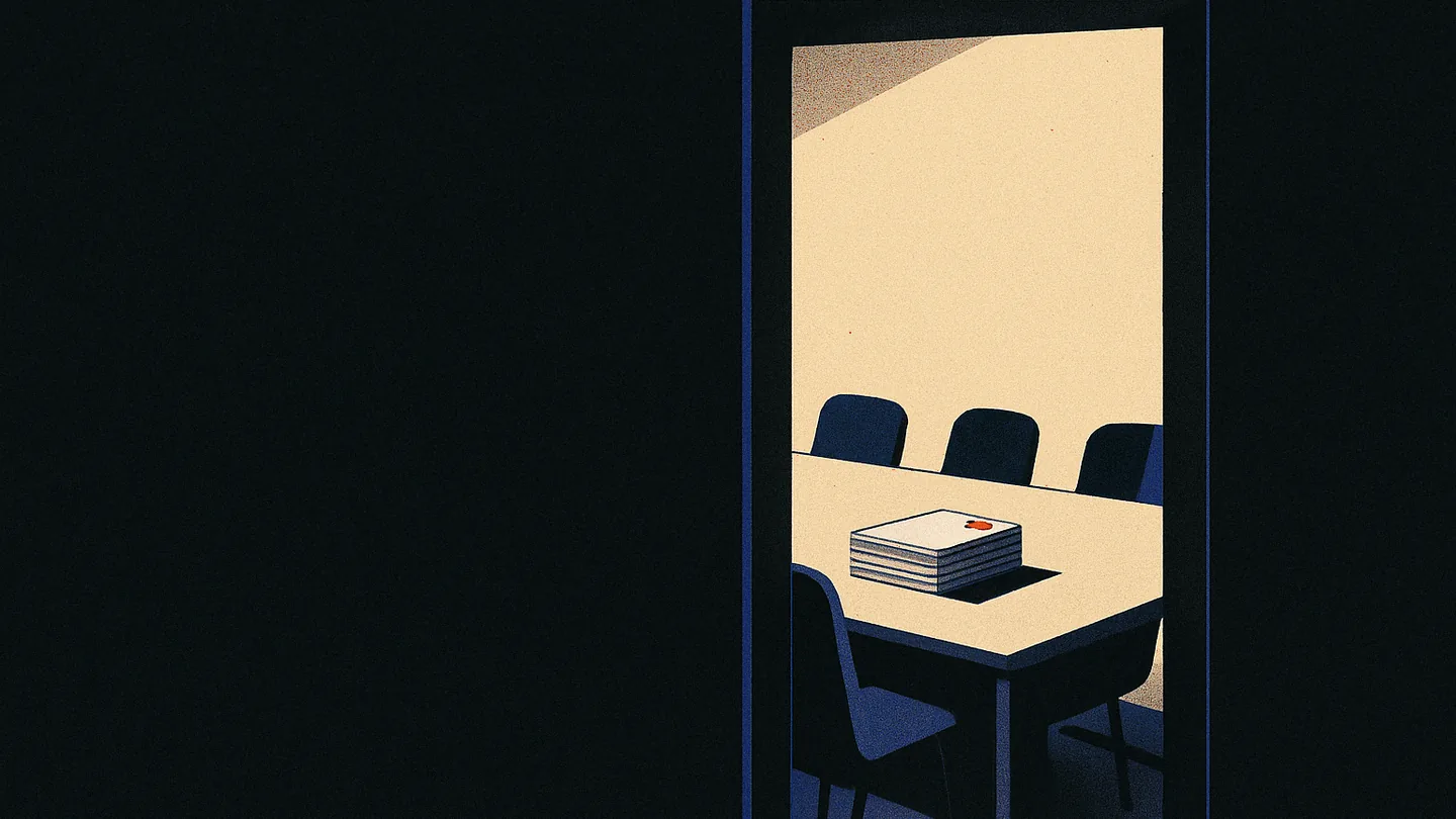 A lit conference room seen through a half-open doorway from a dark corridor, a stack of printouts marked with an ember-orange tab on the table.