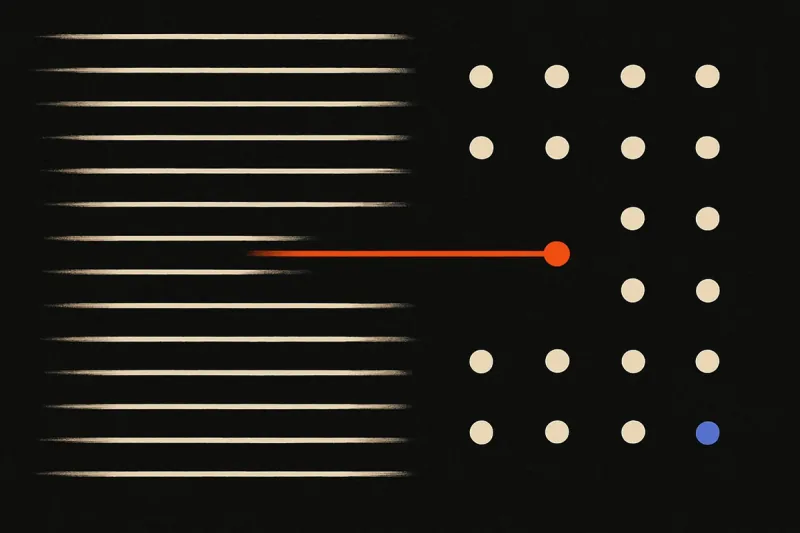 A column of faded thin lines stopping short of a dot grid, with one single orange line reaching a dot.
