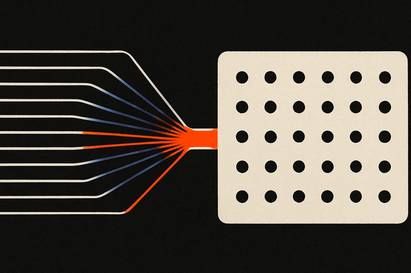 Thin lines drifting apart on one side, converging through a narrow ember-orange slot, then reordering into a grid.