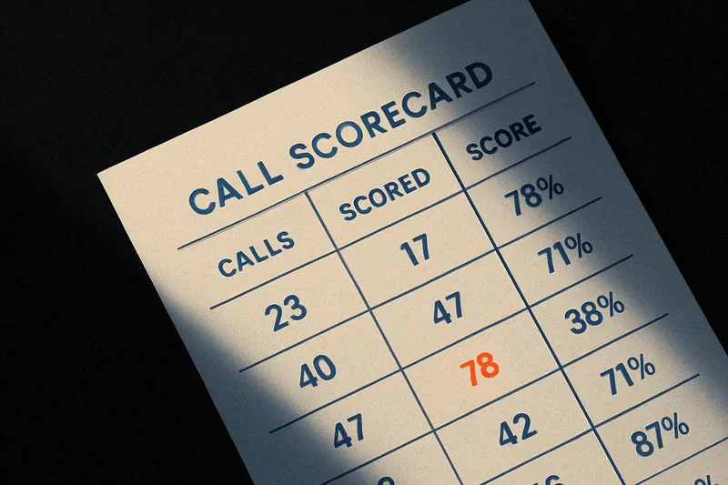 A printed call-scorecard sheet split between light and shadow on a dark desk, one ember-orange dot glowing in the scoring column.