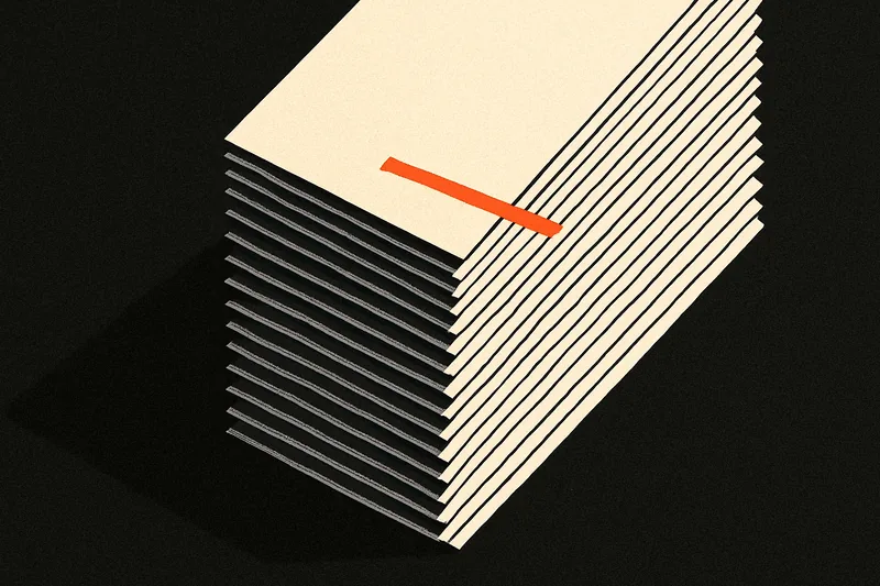 A stack of index cards on a dark desk, one card out of alignment and struck through with an ember-orange line.