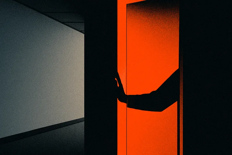 A corridor split by a hard shadow line — a flat grey wall on the left, a hand holding a door ajar and glowing ember-orange on the right.