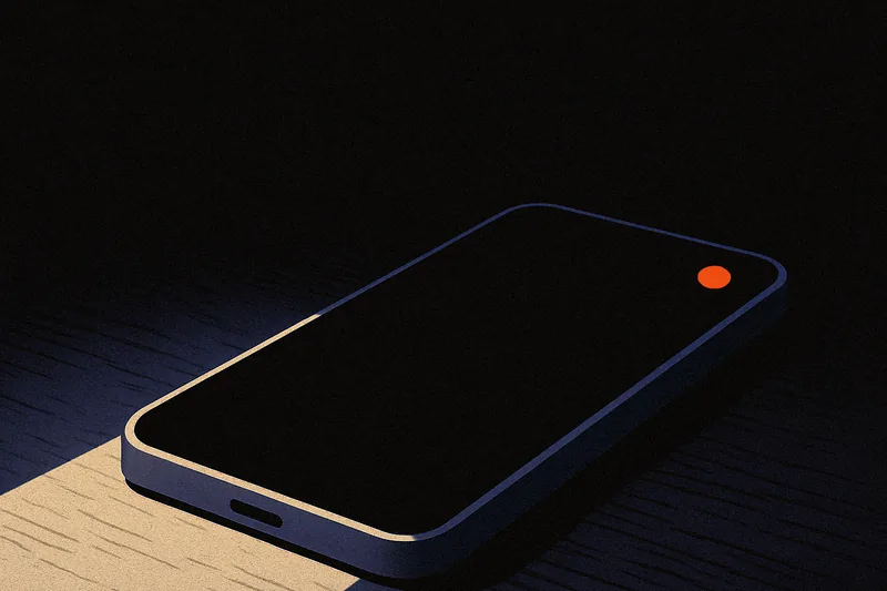 A phone face-up on a dark desk at night, screen dark except for one small orange notification dot glowing in the corner.