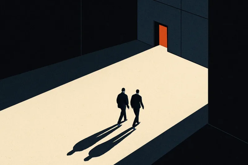 Two tiny silhouetted figures walking together across a vast dark atrium toward a glowing orange exit.