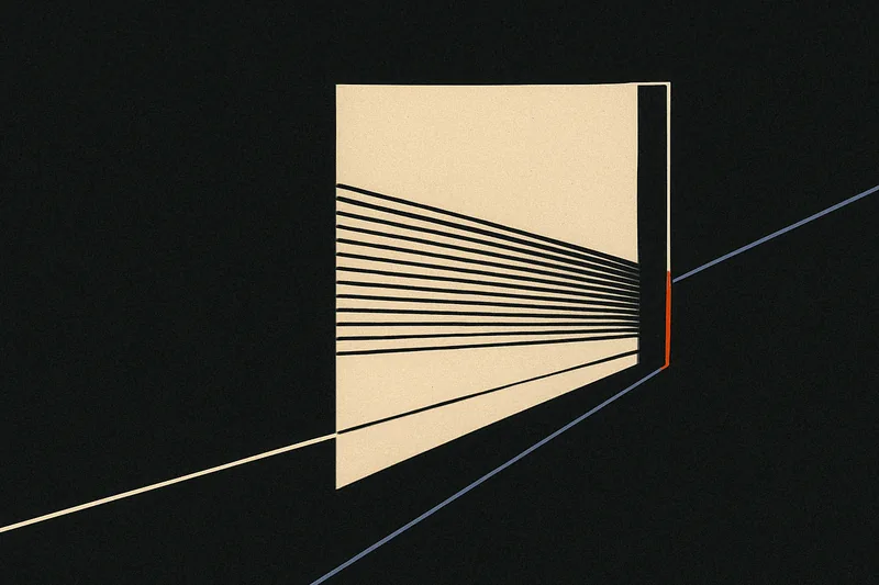 Three bands of thin lines converging toward a single vertical threshold, one line marked in ember orange at the point where they meet.