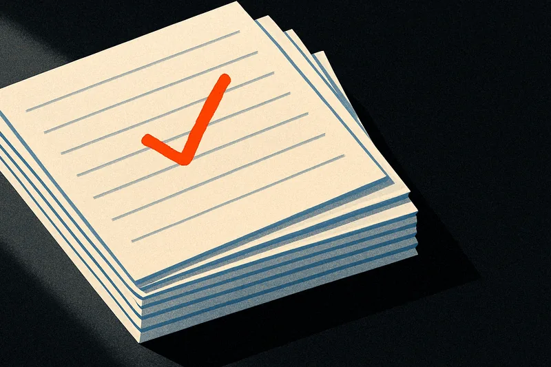 A fanned stack of index cards on a dark desk, one struck through with a single ember-orange checkmark line.
