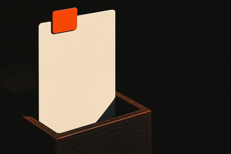 A single card standing upright in a dark card file, one ember-orange tab marking it.