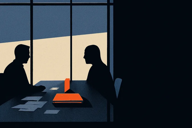 Two silhouettes at a conference table viewed through a glass wall, one closed folder between them with a single glowing orange tab.
