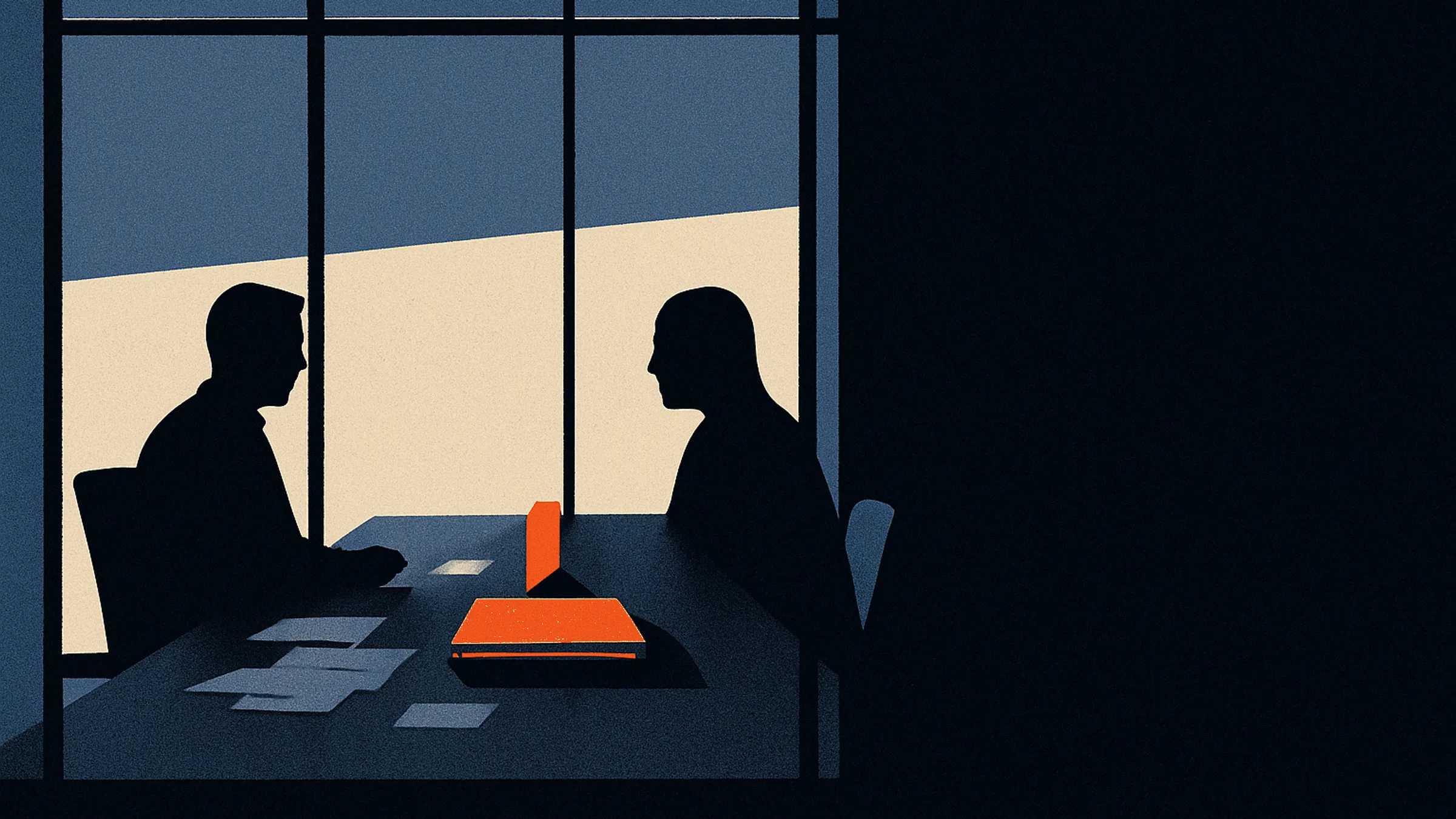Two silhouettes at a conference table viewed through a glass wall, one closed folder between them with a single glowing orange tab.