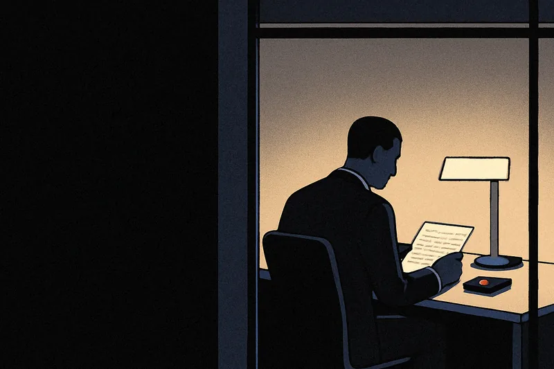 A single figure at a desk in a lit glass office at night, seen from the dark corridor outside, checking a printed sheet beside one small lit ember-orange dot.