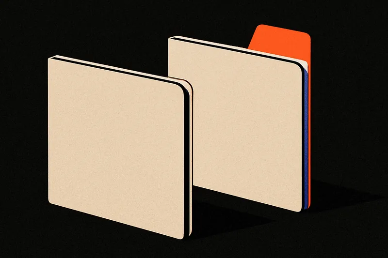 Two identical bone-colored folders on a black desk, one with a single orange tab standing up from its spine, the other flat and untouched.