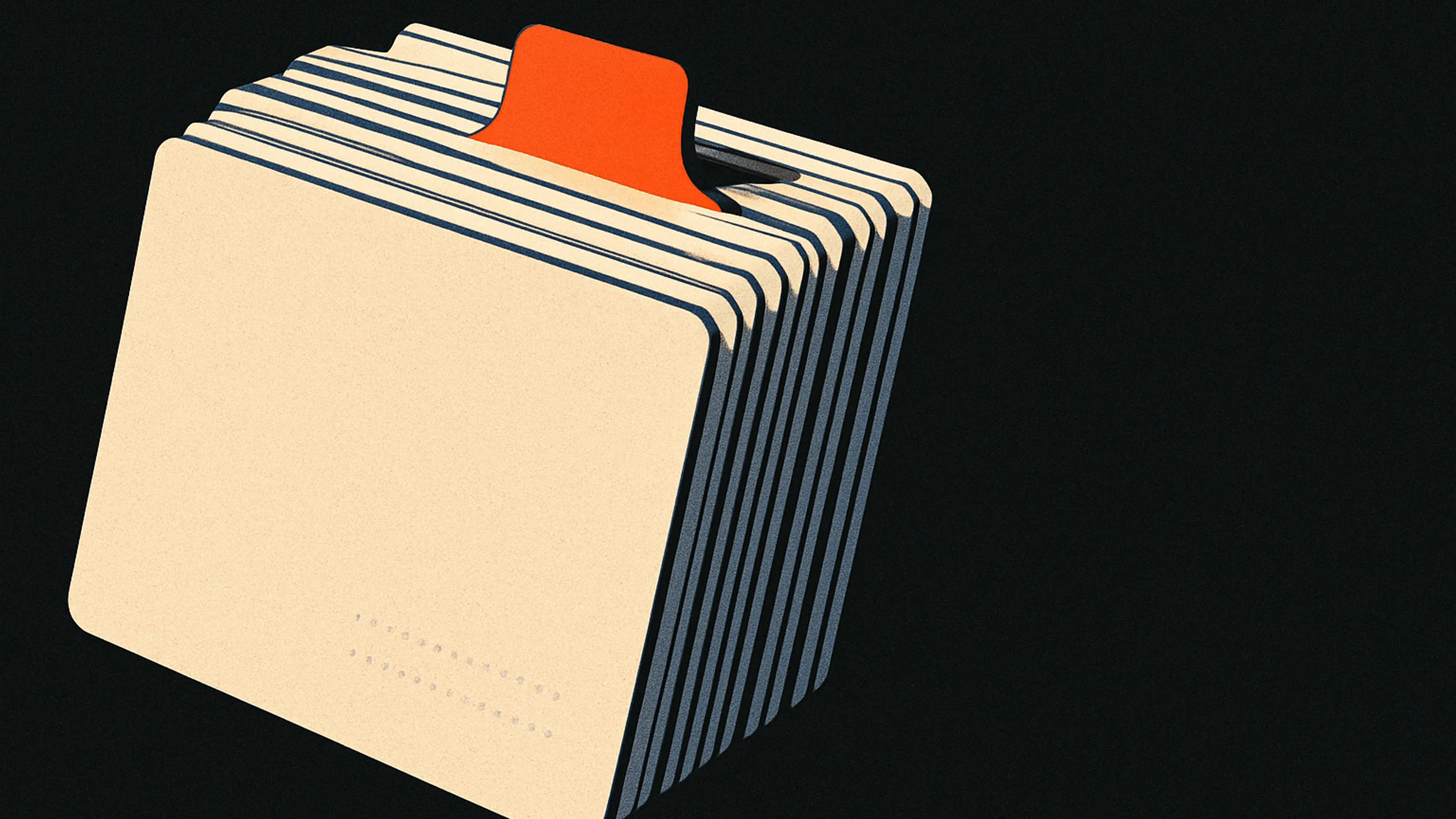 A fanned stack of index cards in the dark, one card's tab standing up above the rest, glowing orange.