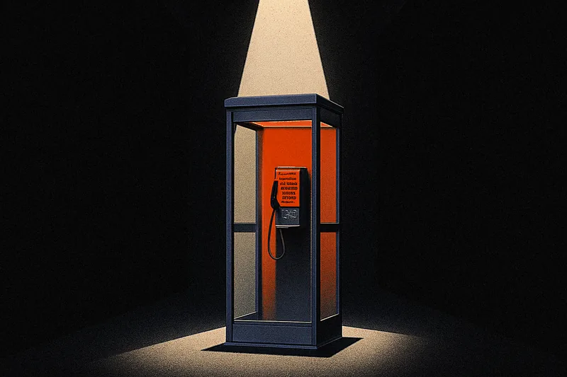 A single glass phone booth alone in a dark corridor, its interior panel glowing orange, the receiver resting in its cradle.