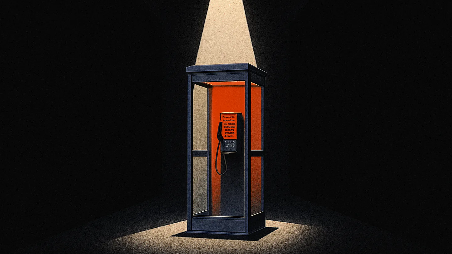 A single glass phone booth alone in a dark corridor, its interior panel glowing orange, the receiver resting in its cradle.