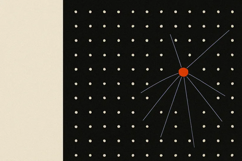 A dot-matrix grid with several thin lines converging on a single ember-orange dot among many dim ones.