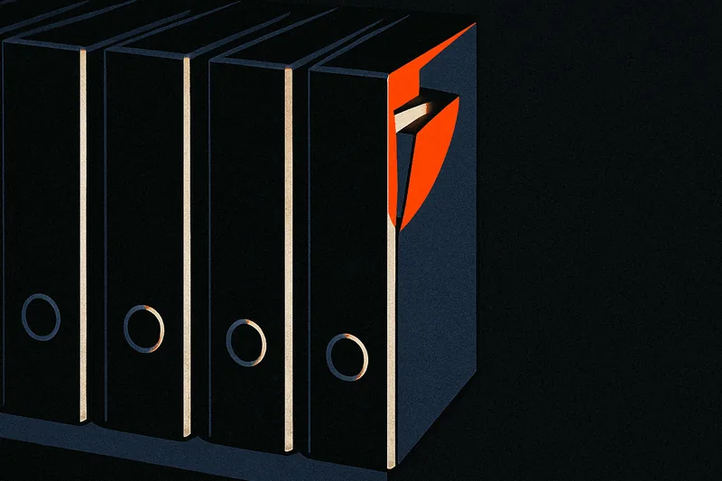 A row of black ring-binders on a dark shelf, one tab pulled open slightly further than the rest and glowing orange.