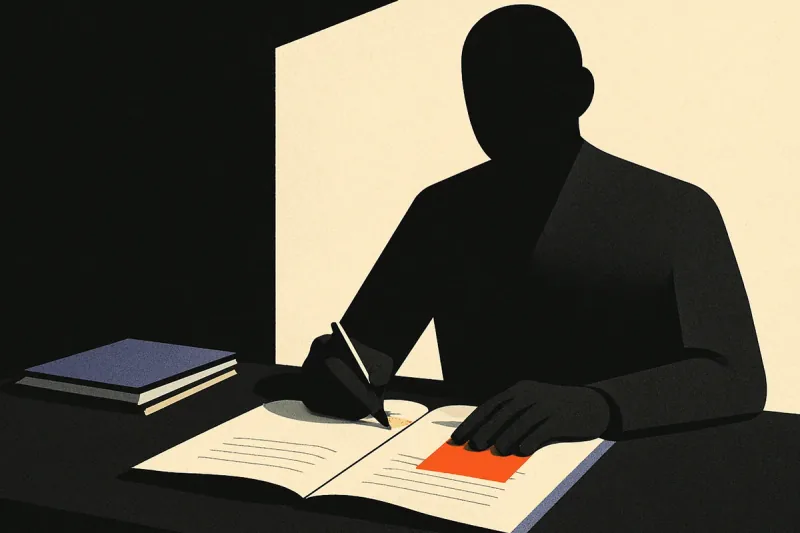 A sales rep seated upright at a desk, working over documents, one ember-orange tabbed page under their hand — the only color in a calm dark room.