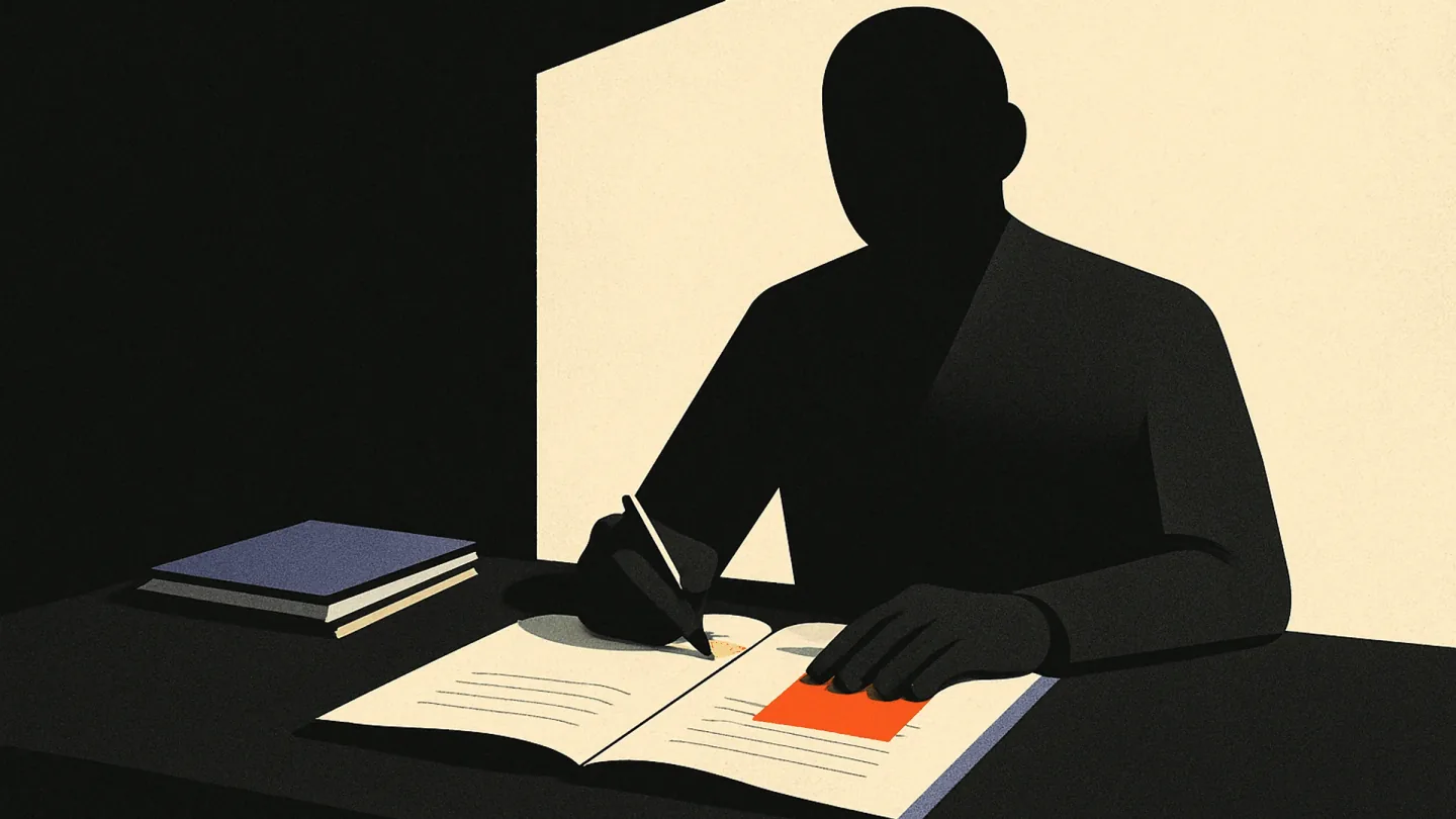 A sales rep seated upright at a desk, working over documents, one ember-orange tabbed page under their hand — the only color in a calm dark room.