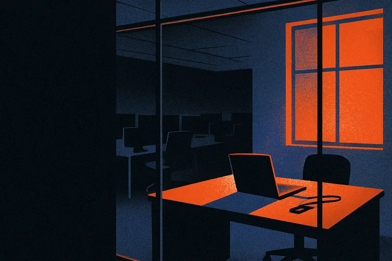 An empty, lit workstation seen through a glass office partition at dusk, a closed laptop with a single glowing orange indicator light.