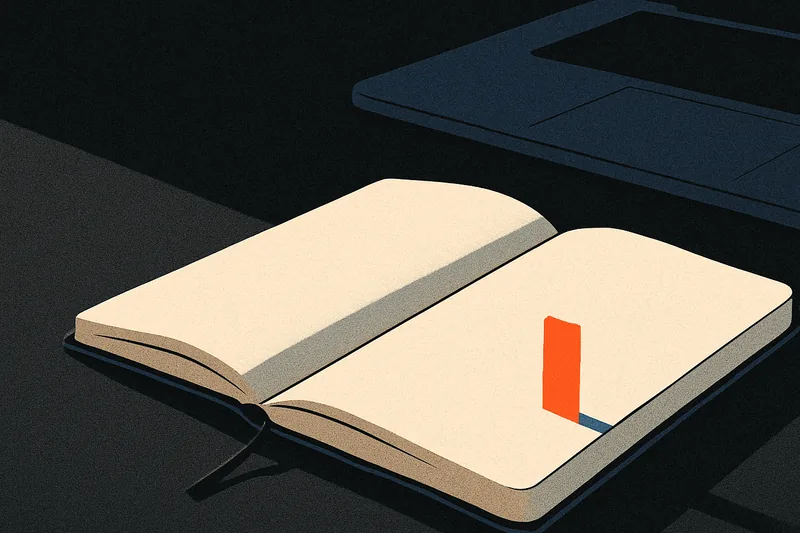 A single open notebook on a dark desk beside a closed laptop, one ember-orange tab clipped to the page.
