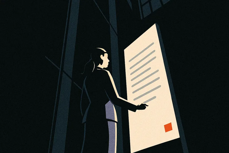 A single figure standing at a tall lit panel screen inside a dark atrium, one small ember-orange indicator lit in the corner of the panel.