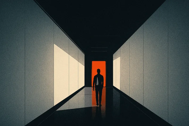 A long clinical corridor with pale walls and one glowing orange door at the far end, a tiny figure walking toward it.