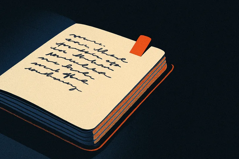 A worn notebook open on a dark desk, one page lit from the side with a single ember-orange tab clipped to its margin.