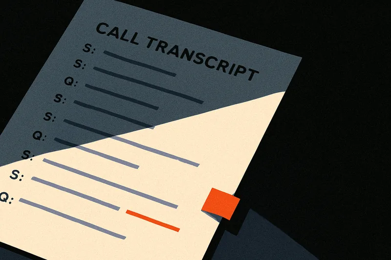 A printed call-transcript page on a dark desk, one line singled out by hard light with a small ember-orange tab clipped beside it.