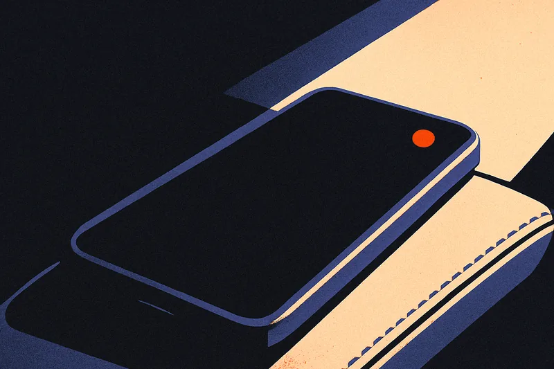 A phone lying face-up on a car console at dusk, its dark screen showing a single small ember-orange notification dot.