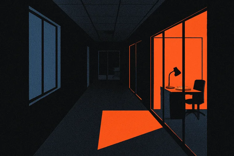A dim office corridor at night with one small glass room glowing warm from a desk lamp, a larger dark conference room further down the hall.