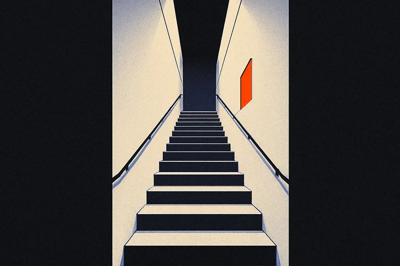 A tall stairwell shot straight up, bone-white walls receding into dark, one ember-orange lit panel set into the wall partway up the climb.