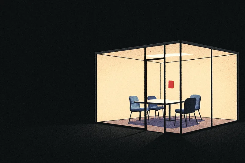 A single lit glass-walled room glowing in an otherwise dark open office floor, an ember-orange panel lit inside the doorway.
