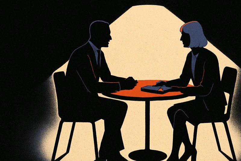 Two silhouetted figures at a small round table lit in a dark room, an ember-orange dot glowing on a notebook between them.