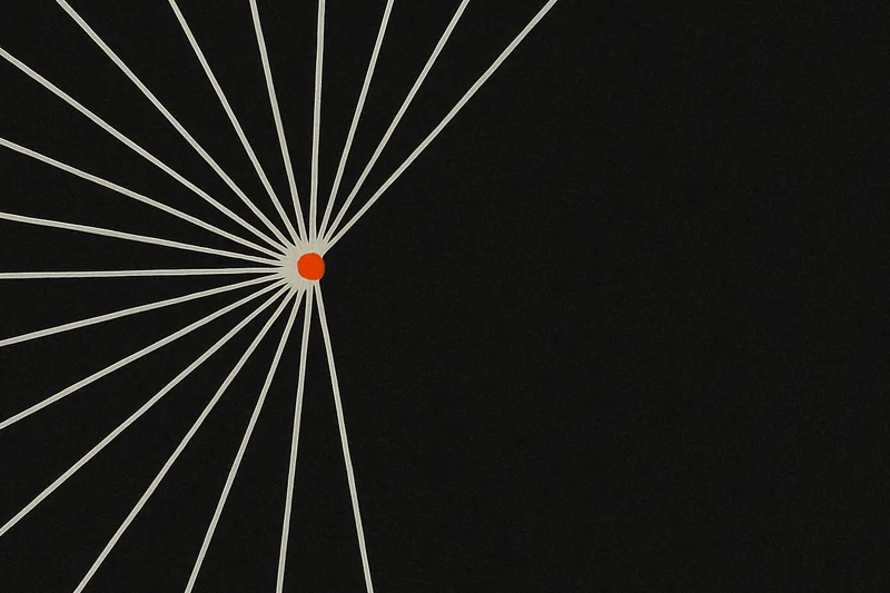 Roughly twenty thin bone-white lines converging on black toward a single ember-orange dot where they all meet.