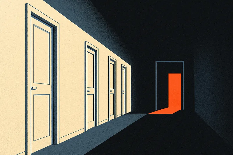 A corridor split by a seam — a row of identical doors on one side, a single glowing ember-orange doorway on the other.