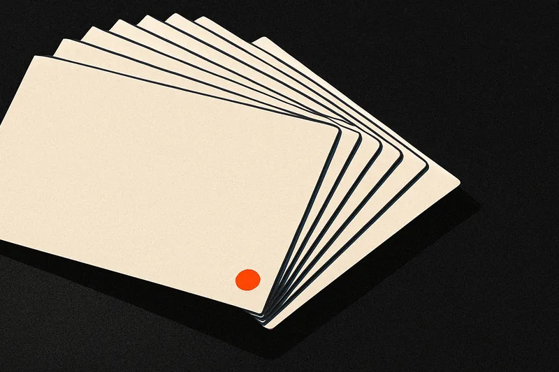 A row of blank index cards fanned on a dark desk, one card marked with a small ember-orange dot.