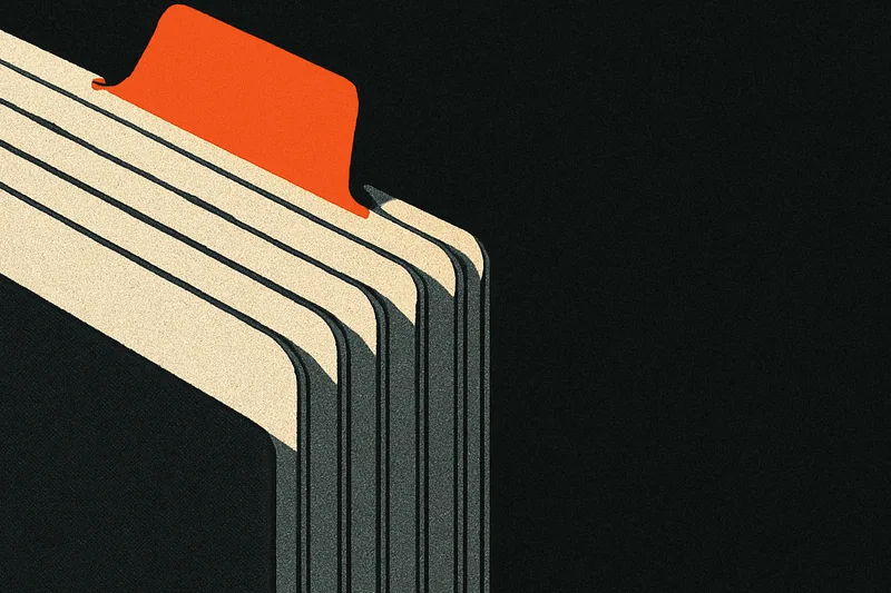A fanned stack of pipeline-stage tabs on a dark desk, one tab standing proud and lit ember-orange.